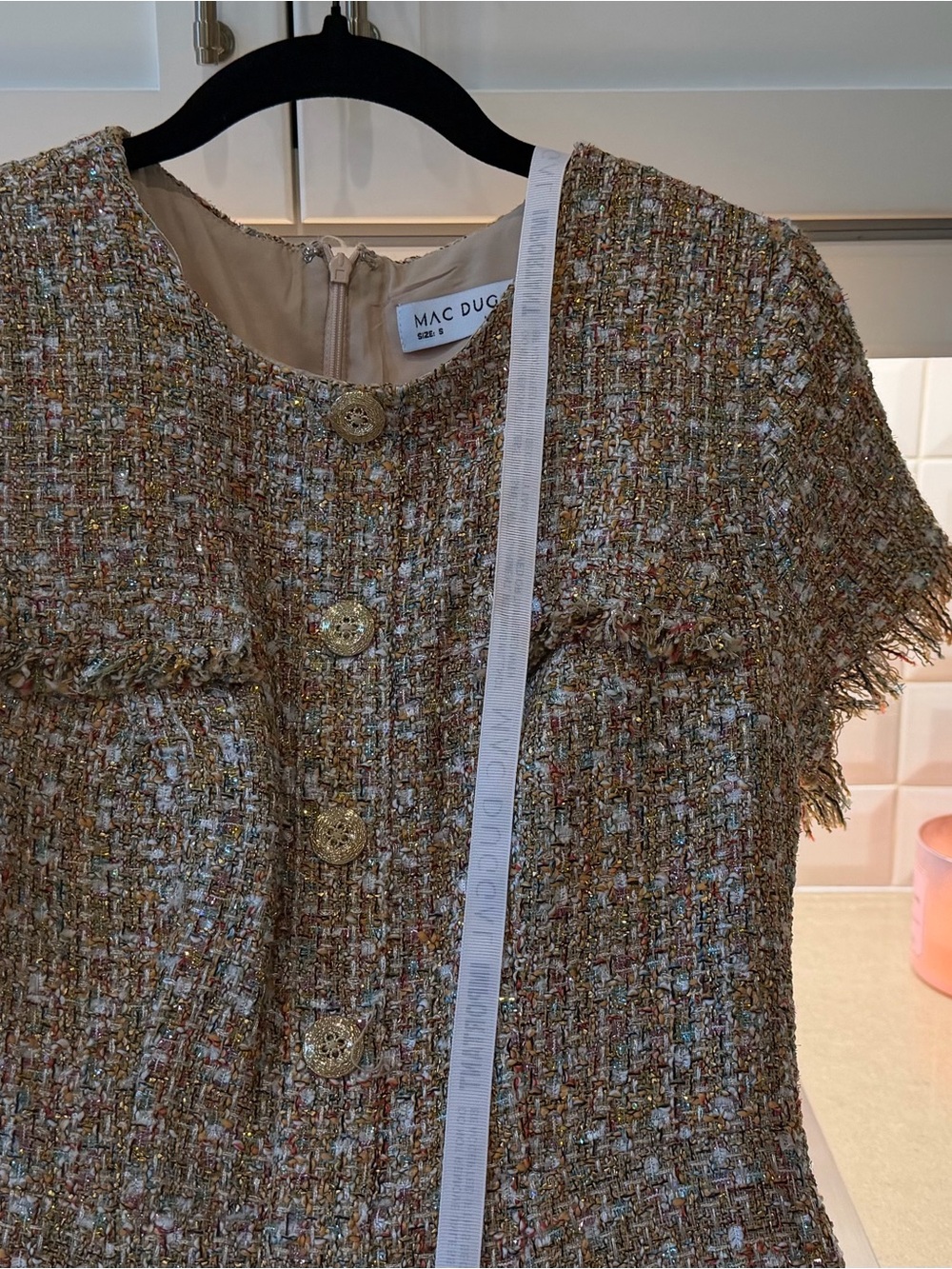Mac Duggal Gold and Multicolor Tweed Short-Sleeve dress size S nwt